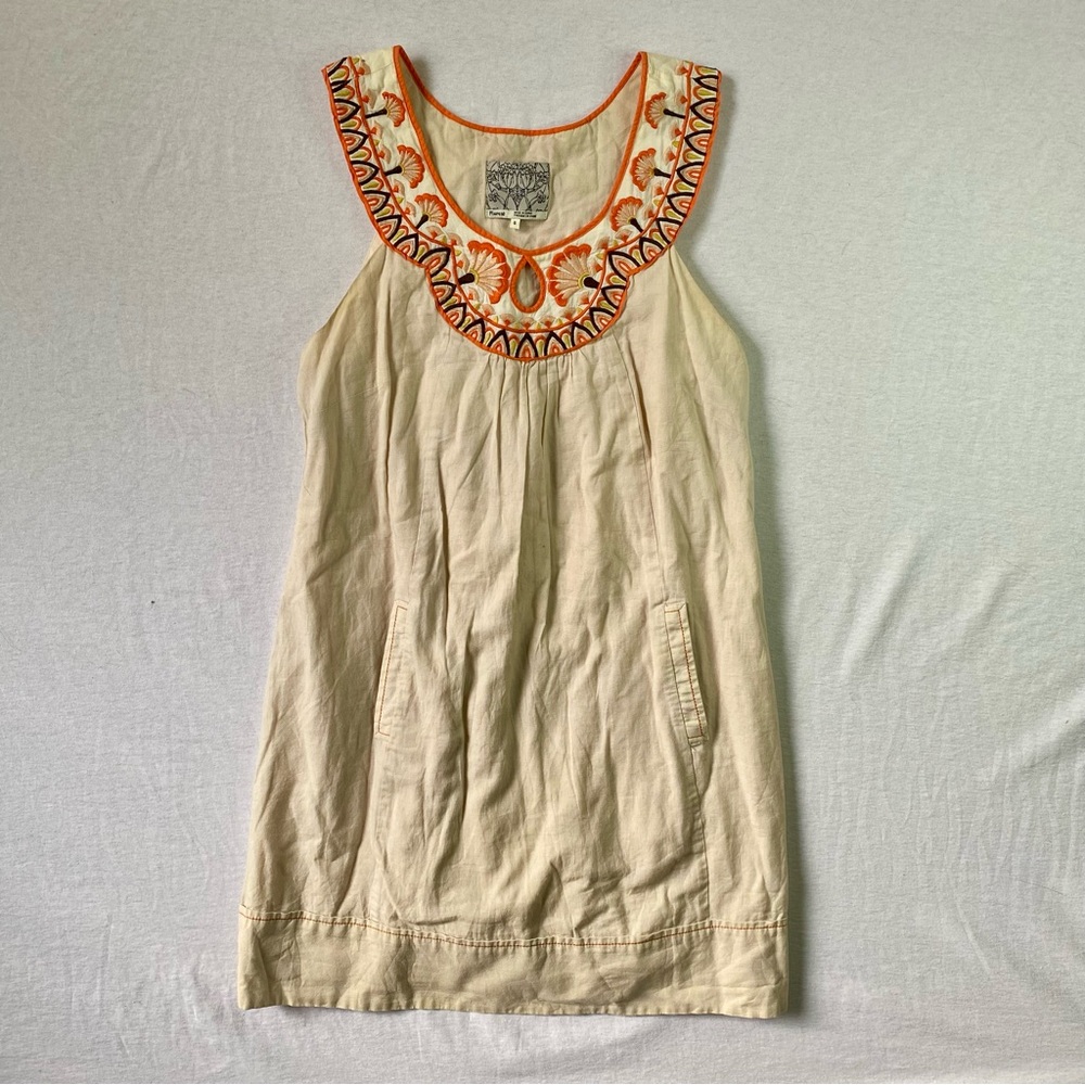 Floreat Anthropology Floral Embroidered Dress with Orange Trim Buttons Size S